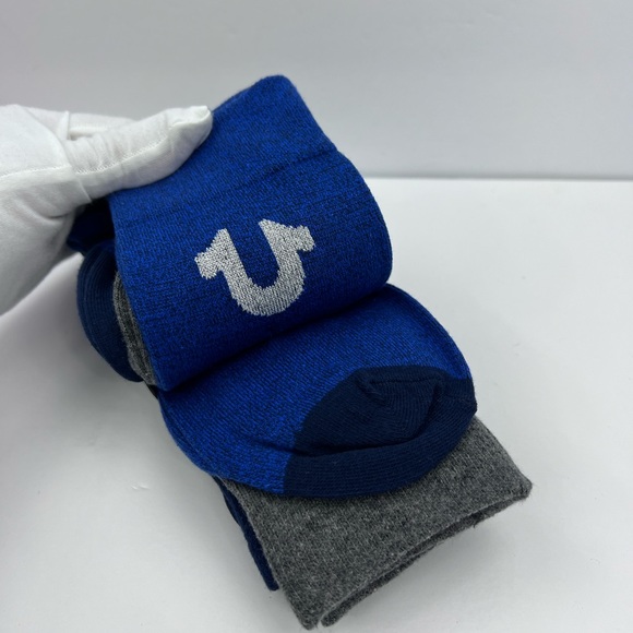 TRUE RELIGION, MENS 5 PACK CREWS SOCKS 2 HREY, 2NAVY 1 BLUE, SHOE SIZE 8-12.5 - Picture 11 of 16